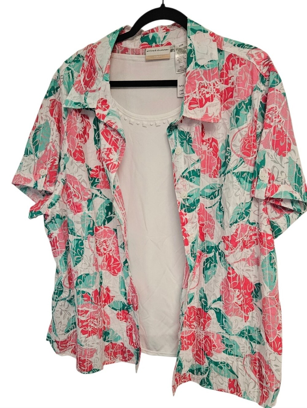 Alfred Dunner Floral Short Sleeve Shirt Jacket in Pink, Teal & White